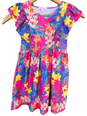 Tommy Bahama EUC Girls Pink Tropical Floral Flutter Ruffle Dress Size 5 Vacation